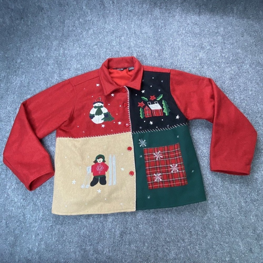 VTG Take Two Christmas‎ Jacket Women XL Red Patchwork Snowman Y2K 90s Whimsigoth